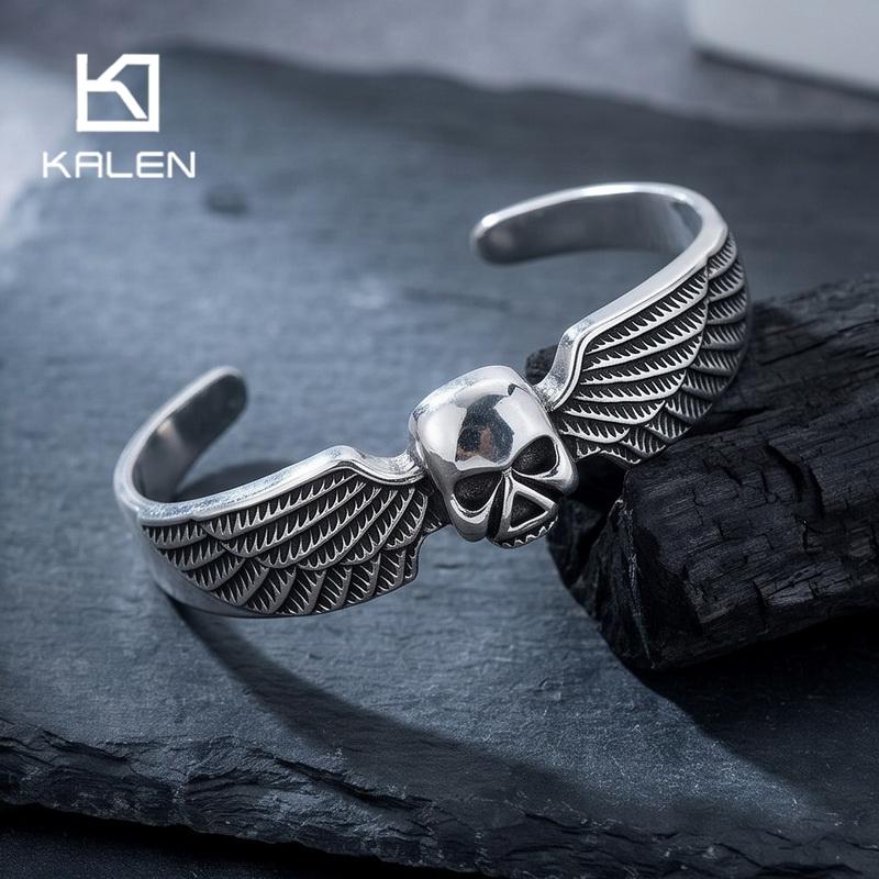 Vintage Stainless Steel Wide Open Cuff Bracelet for Men Eagle Skull Cross Angel Wing Feather Bangle Gothic Jewelry Gifts