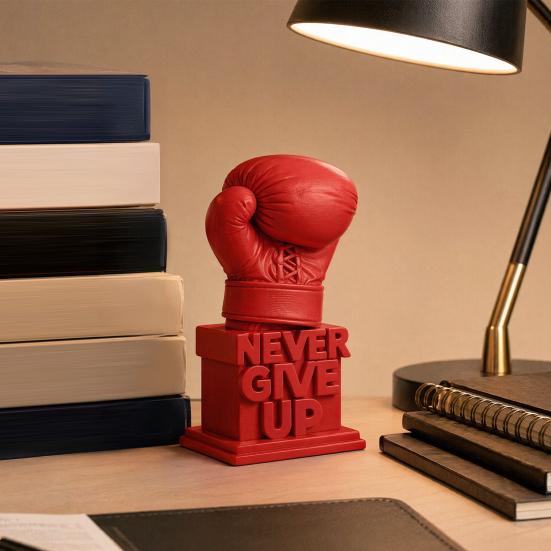 Socha boxerské rukavice Nikdy se nevzdávej, Inspirační 3D tištěná ozdoba na stůl do domácí kanceláře, Motivační dárek pro sportovce, boxery, sportovní fanoušky