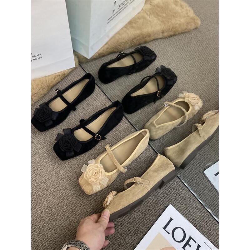 Nana's 2025 French Gentle Flat-bottomed Flower Ballet Single Shoes Women's Retro One-word Buckle Mary Jane Small Leather Shoes