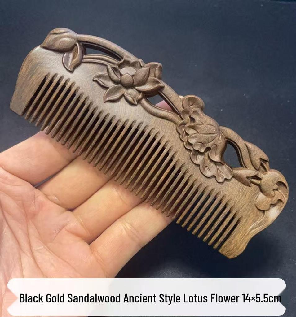 Engraved Green Sandalwood Comb - Black Gold Carved Design, Gift Box Included