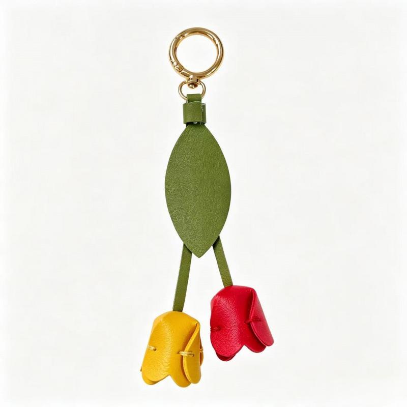 Tulip Pendant Leather Keychain - Flower Charm for Bags