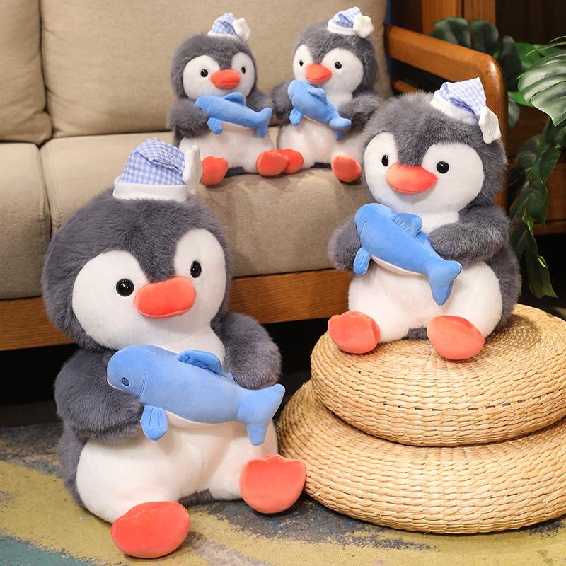 Wearing a Hat and Holding Fish, Penguin Plush Toy Fish, You Are Together Qixi Festival Confession Doll Valentine's Day Gift, Car Throw Pillow