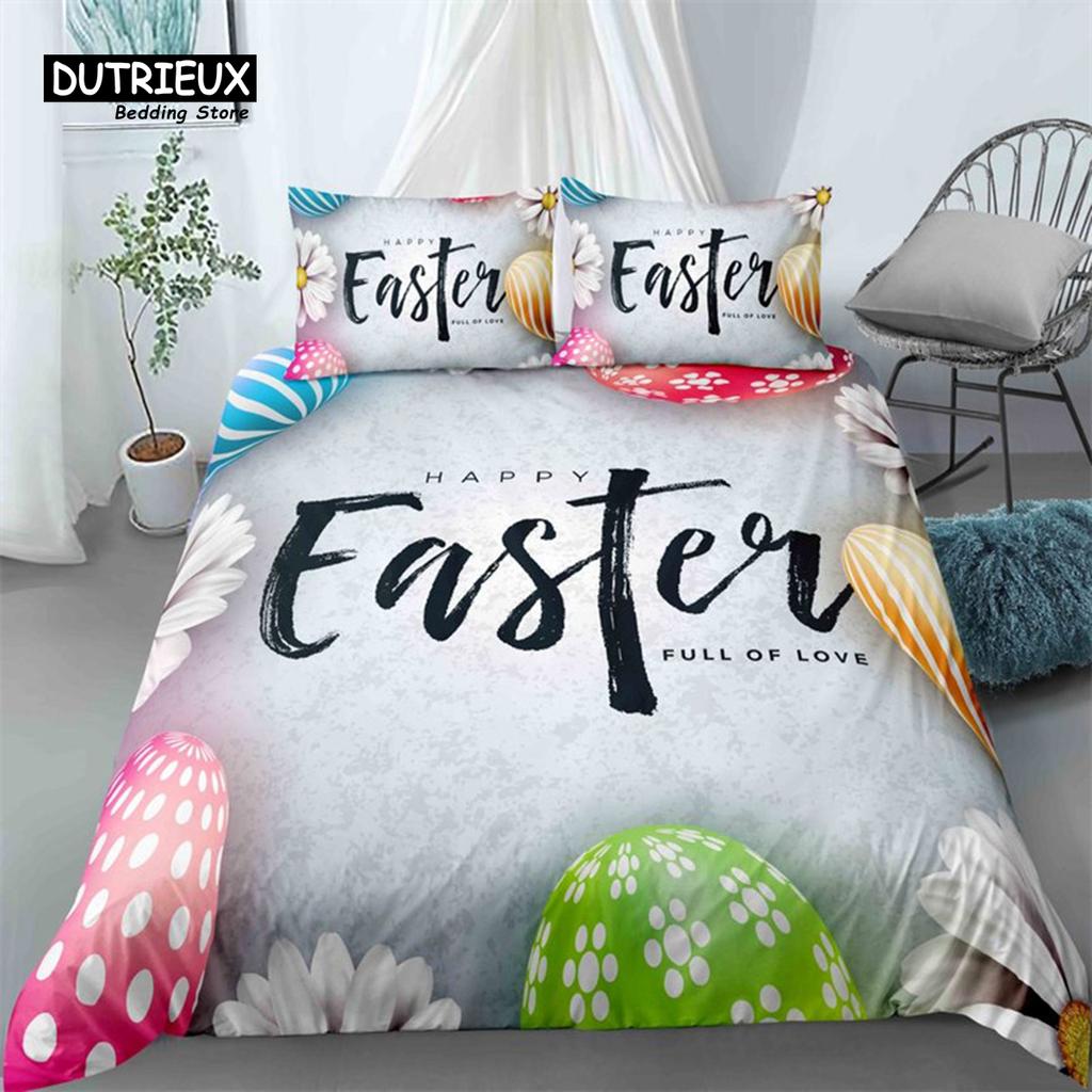 Soft Easter Eggs Print Duvet Cover Happy Easter Cartoon Rabbit Toddler Bedding Sets Twin King Queen Size Microfiber Quilt Cover