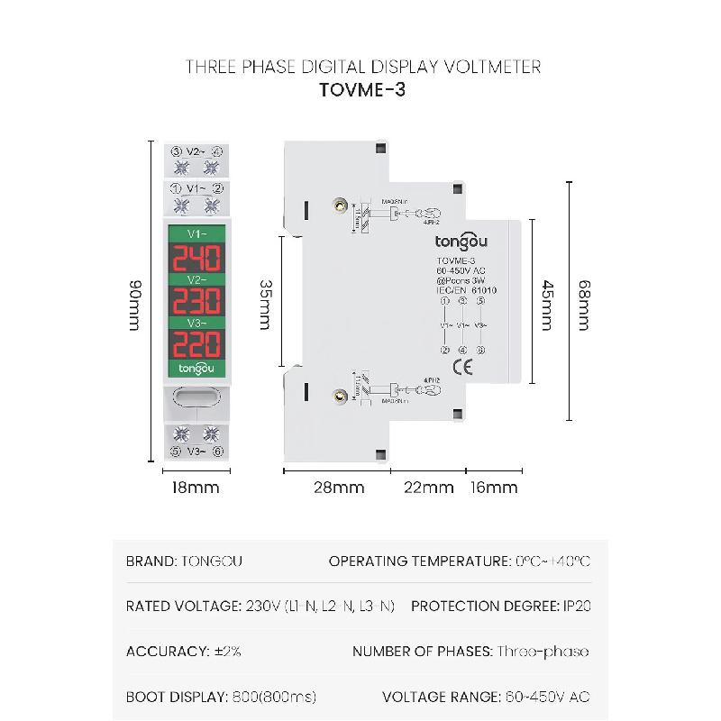Mini Modular Din Rail Mount Three Phase Voltage Meter with LED Digital Display - Ac 60V-450V Gauge Indicator Detector by TONGOU