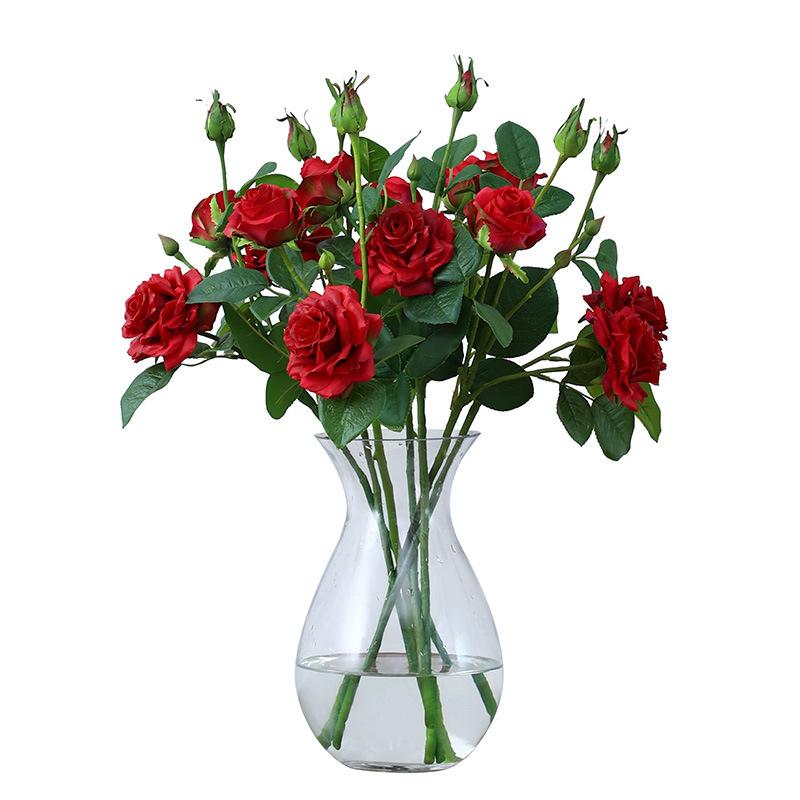Artificial Flower 3 Head Feel Crimped Rose Wedding Hand Bouquet Feel Home Interior Living Room Decoration Fake Flowers