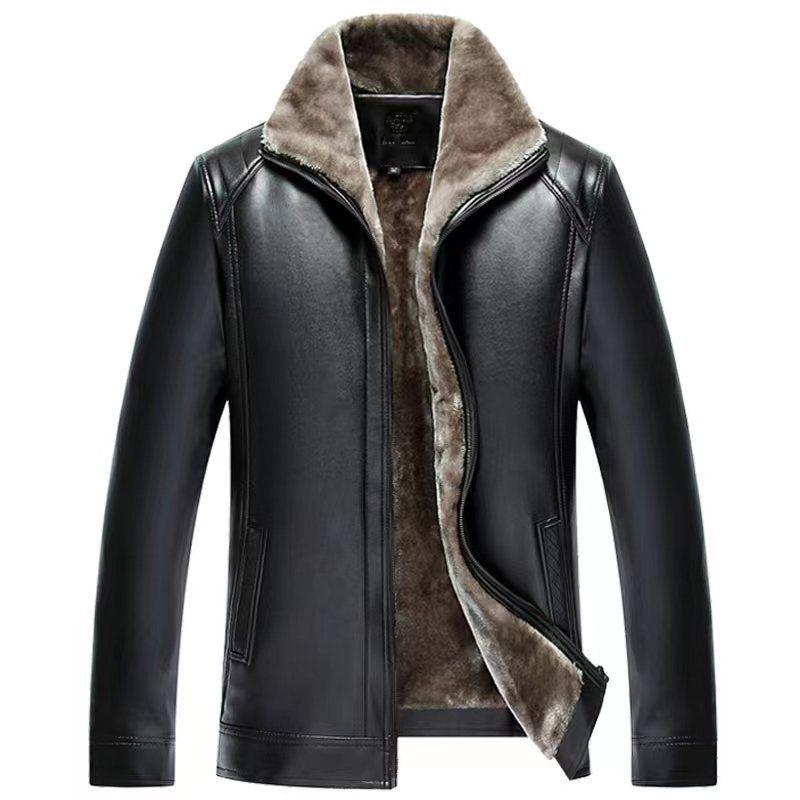 Thickened Lambskin Leather Jacket with Fur Lining for Middle-Aged and Elderly Men