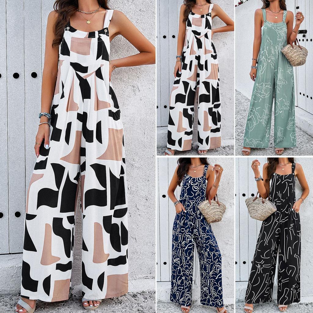 Women's Casual Jumpsuits Collection, Sleeveless Rompers in Multiple Prints & Solids, Elastic Waist Wide Leg One-Piece Outfits