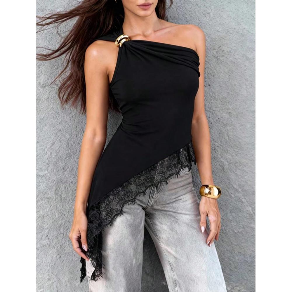 Damen Ein Schulter Spitze Tanktop Ärmellos Asymmetrisch Raffung Y2K Ausgeh Tops
