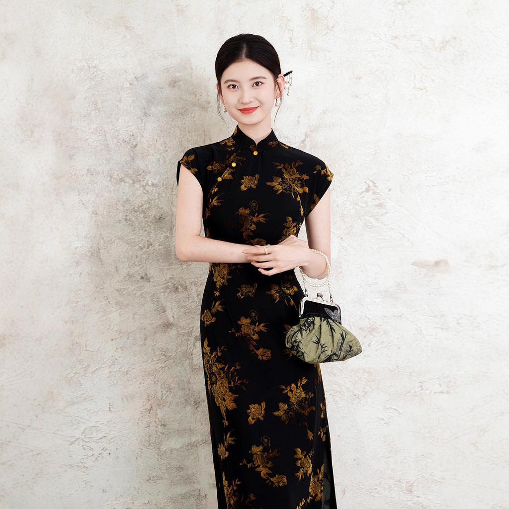 Black summer new Chinese cheongsam long daily young retro improved national style dress single-layer elastic