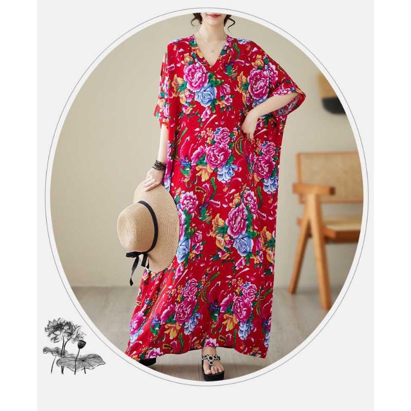 Summer V-neck Cotton Silk Large Size Loose Literary Vacation Style Beach Dresses