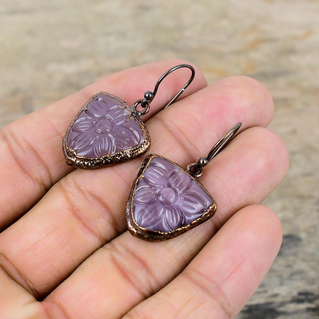 Carved African Amethyst Earring Electroformed Copper Earrings Handmade Copper Jewelry Gemstone Earring Gift For Mother Electroformed Jewelry
