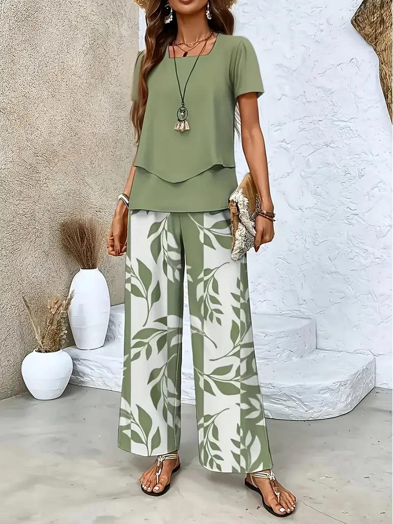 

2026 Women s Printed Top and Wide-Leg Pants Set, European & American Style for Cross-Border E-commerce. L зелений