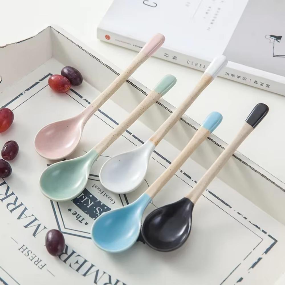 Japanese Style Ceramic Soup Spoon for Adult and Kids Kitchen Tableware Cute Cartoon Long Handle Spoon Teaspoon Cooking Utensil