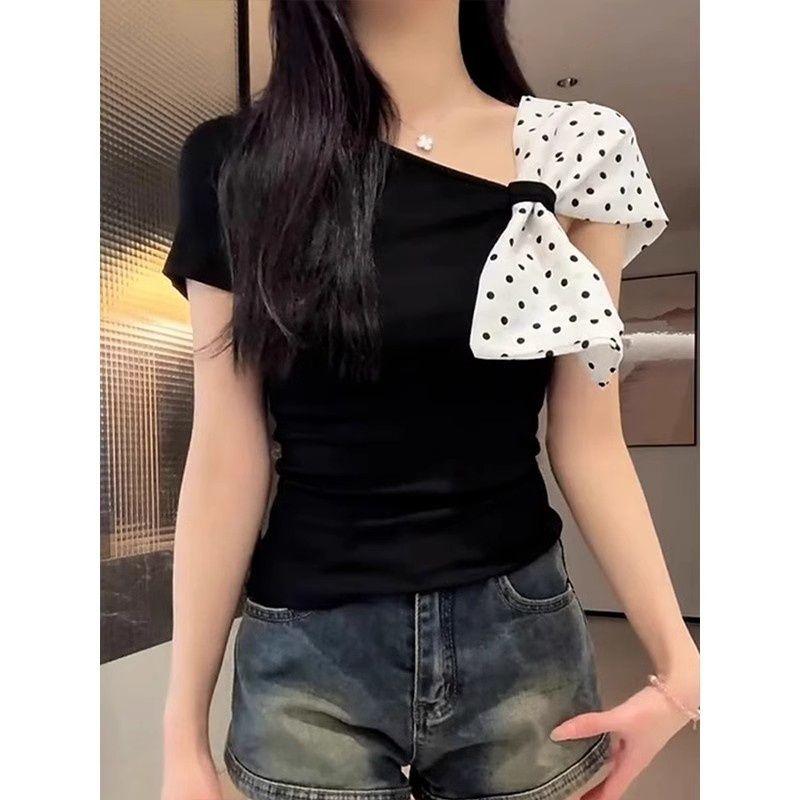 Women s Asymmetric Neck Short Sleeve Slim Fit T Shirt Polka Dot Bow Splicing Y2K Pure Sexy Club Blouse Top S чёрный