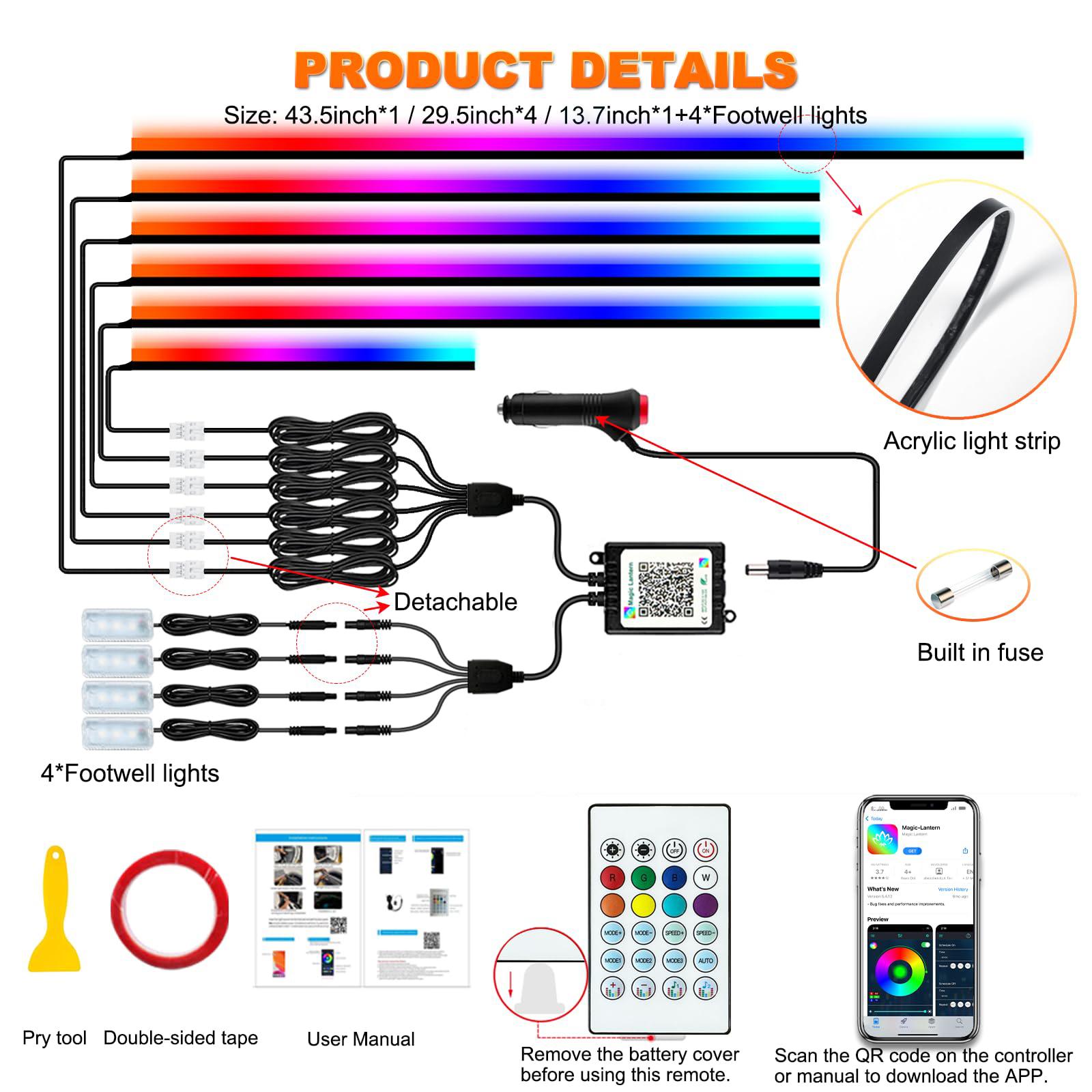 

Car LED Strip Light Acrylic Interior LED Lights with Music Sync Dynamic Rainbow Dream Color Chasing for Car Ambient Lighting Kit