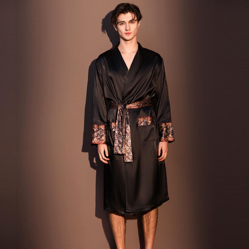 Men's Spring & Autumn Long Sleeve Ice Silk Pajama Robe - Mid-Length, High-End Feel