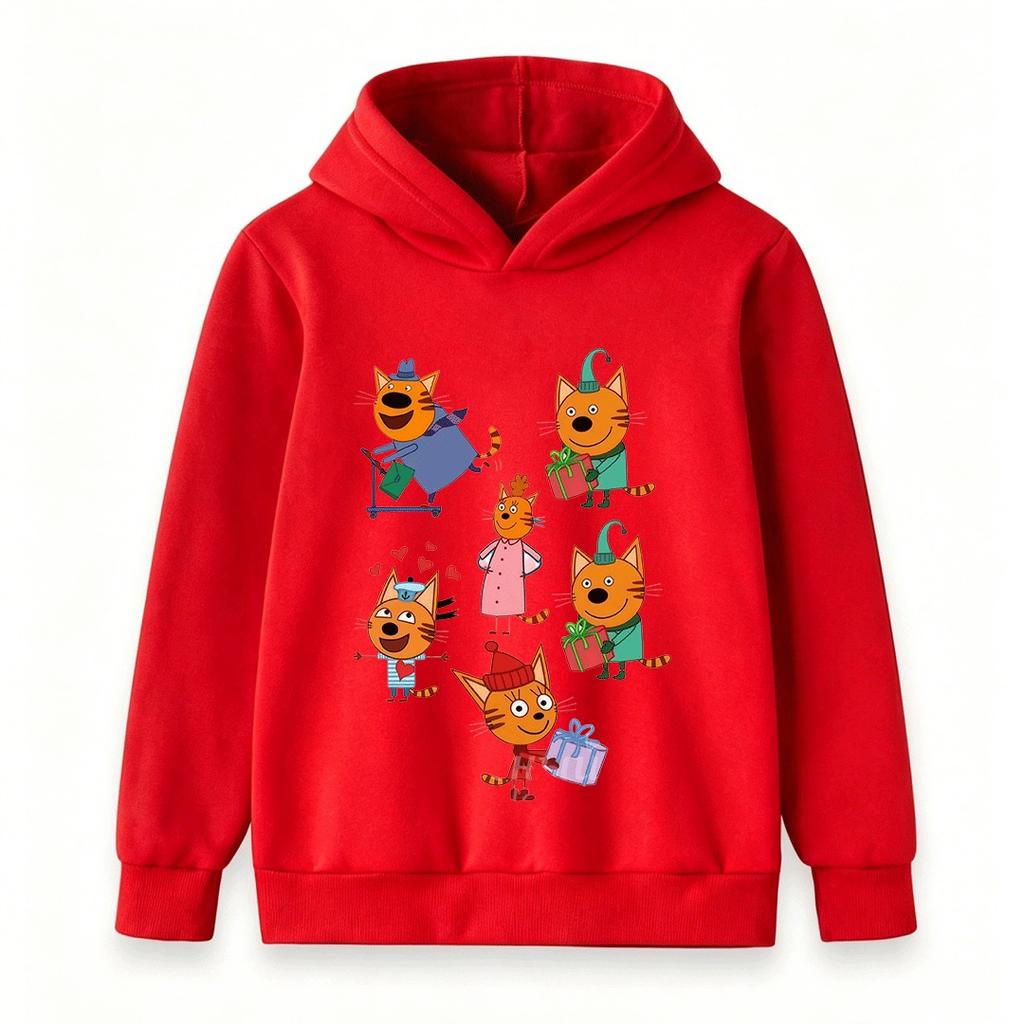 Kids Boys Girls Cartoon Cats Print Hoodie Casual Long Sleeve Pullover Sweatshirt for Daily Holiday Wear