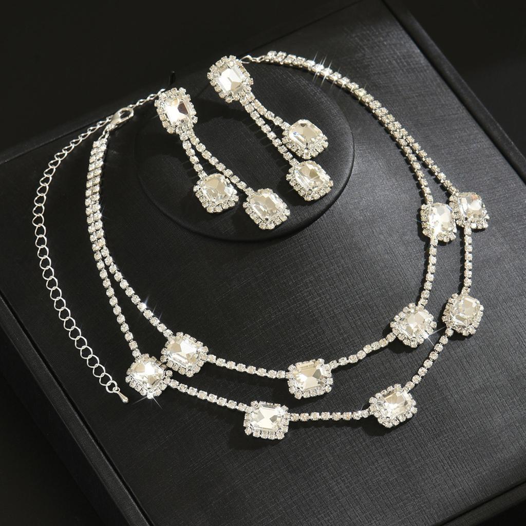 Zircon Square Fringed Earrings, Royal Style Earrings and Necklace, Luxurious Wedding Accessory