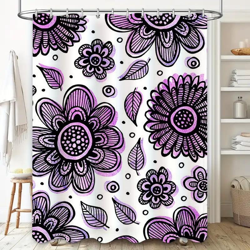 Purple floral shower curtain with black accents, custom size available decorative bathroom accessories for home decor enthusiast