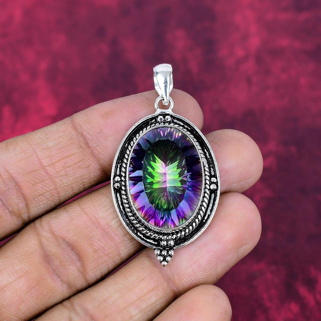Ciondolo Topazio Mistico Arcobaleno Pietra Preziosa Gioielli, Ciondolo in Argento Sterling Massiccio 925, Gioielli Fatti a Mano Ciondolo Pietra di Nascita, Regalo Per Lui