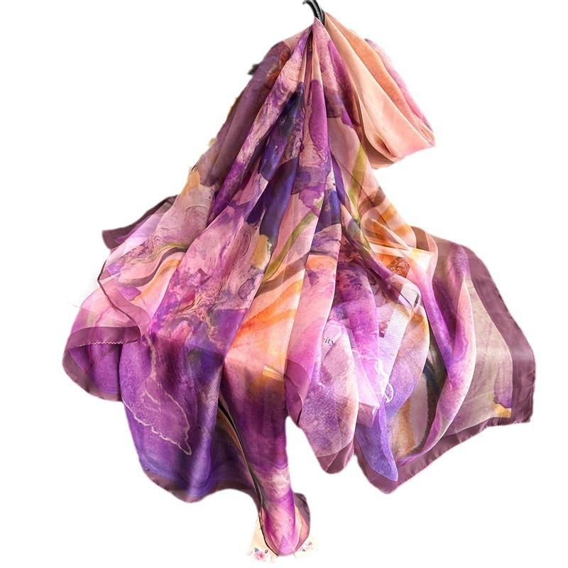 New Gradual Change Simulation Silk Scarf Purple High-end Soft Yarn Scarf Commuting Large Size Temperament Shawl Silk Scarf Fashion