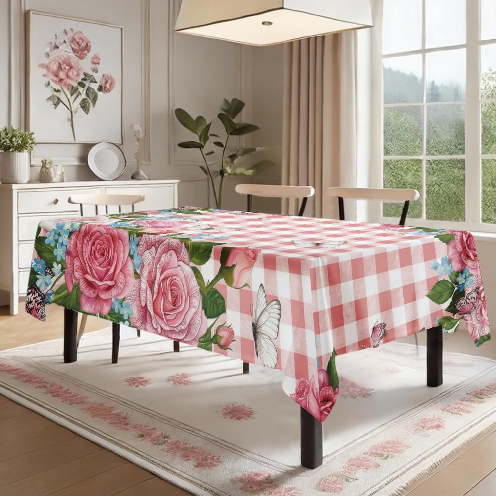 Floral Rose Butterfly Rectangle Table Cloth for Table Decor Kitchen Dining Waterproof Reusable Tablecloth for Tables Picnic