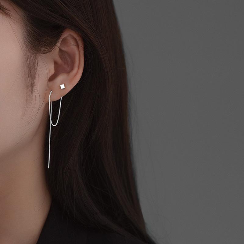 Silver Needle Square Earrings: Long Tassel, Minimalist Cold Style, Comfortable for Sleeping, Face-Framing Design for Women