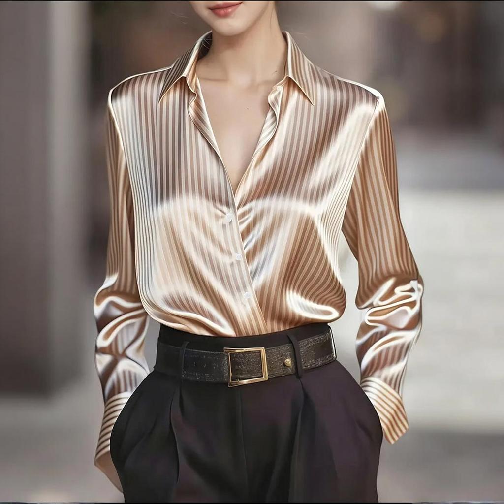 Elegant And Stylish Retro Striped Collared Long,sleeved Shirt For Women