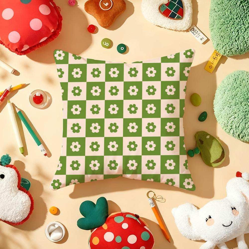 Checkered Flower Pattern Pillow Case Plush Fabric Soft Double-Sided Printed Sofa Warm Winter Home Gift Cushion Cover