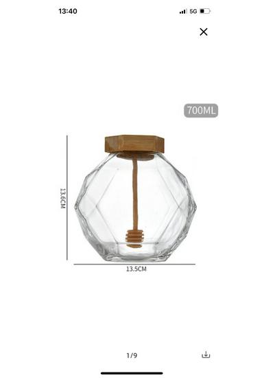 Vasetto Esagonale Premium per Miele in Vetro con Filettatura a Diamante e Coperchio in Legno, 500g