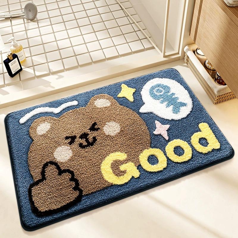 Cute Bear Bath Mat, High-Density Flocked Microfiber Rug with Super Absorption & TPR Non-Slip Backing, Quick-Dry Bathroom Decor