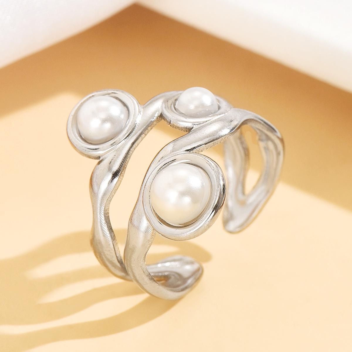 Women s Retro Baroque Geometric Pearl Open Ring in Stainless Steel