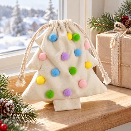 Christmas Tree Hanging Ornaments Drawstring Gift Bag, Plush Pom Bell Small Trinket Bags with Ornament, Reusable Candy Pouch Decor for Holiday
