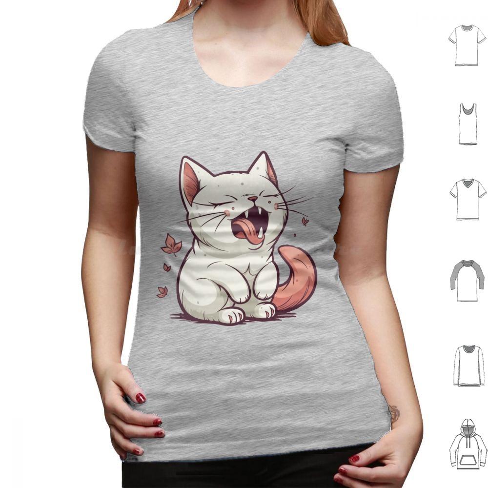 Aaahhhhh Gähnende Katze T-Shirt 6XL Baumwolle Cooles T-Shirt Niedliche Katzenillustration Cartoon-Katzen-Design Miauzende Katze Kunst Verspielte Katze