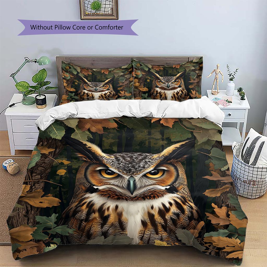 Owl and Leaves Pattern Bedding Home Decoration Birthday Gift (1 * Duvet Cover + 2 * Pillowcase, Without Core)