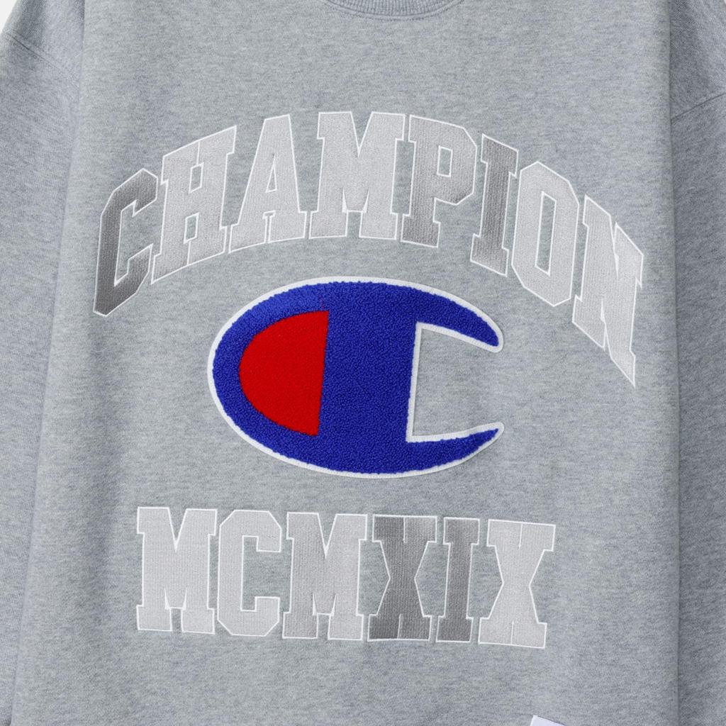 Champion ACTION STYLE Long Sleeve Crew Neck Sweatshirt with Embroidered and Chenille Oxford Gray C3-A030 Men's Patches,