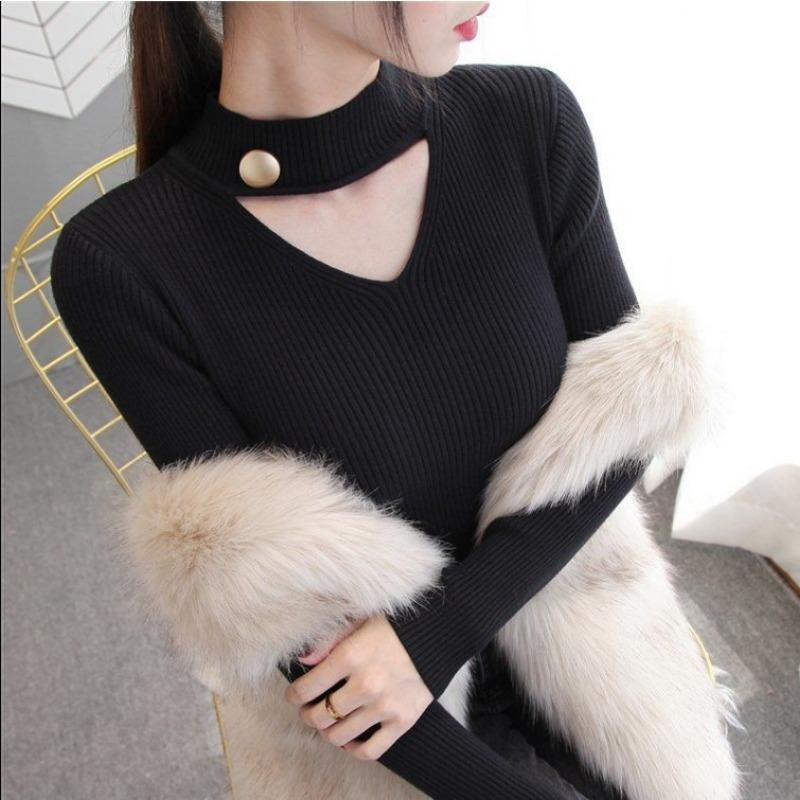 Hollow Hanging Neck V-neck Long-sleeved Autumn and Winter Sweater Women's Slim Knitted Bottoming Shirt Tops