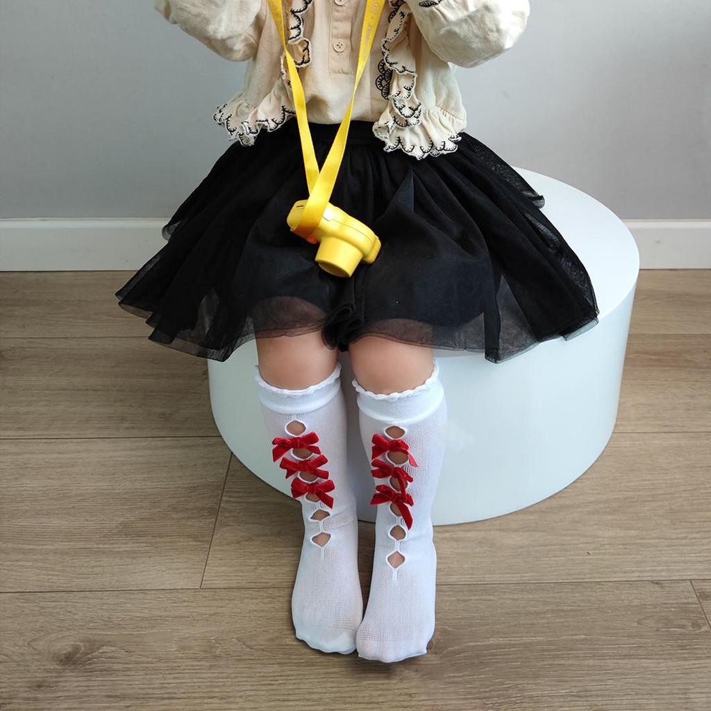 Children's Socks Summer Lolita Wooden Ear Mesh Ribbon Large Bow Mid-tube Socks for Girls