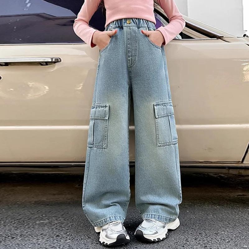 Girls Cargo Jeans Kids Wide-legged Denim Pants Teenagers Fashion Streetwear Loose Trousers Children Casual Clothes 5-12Y
