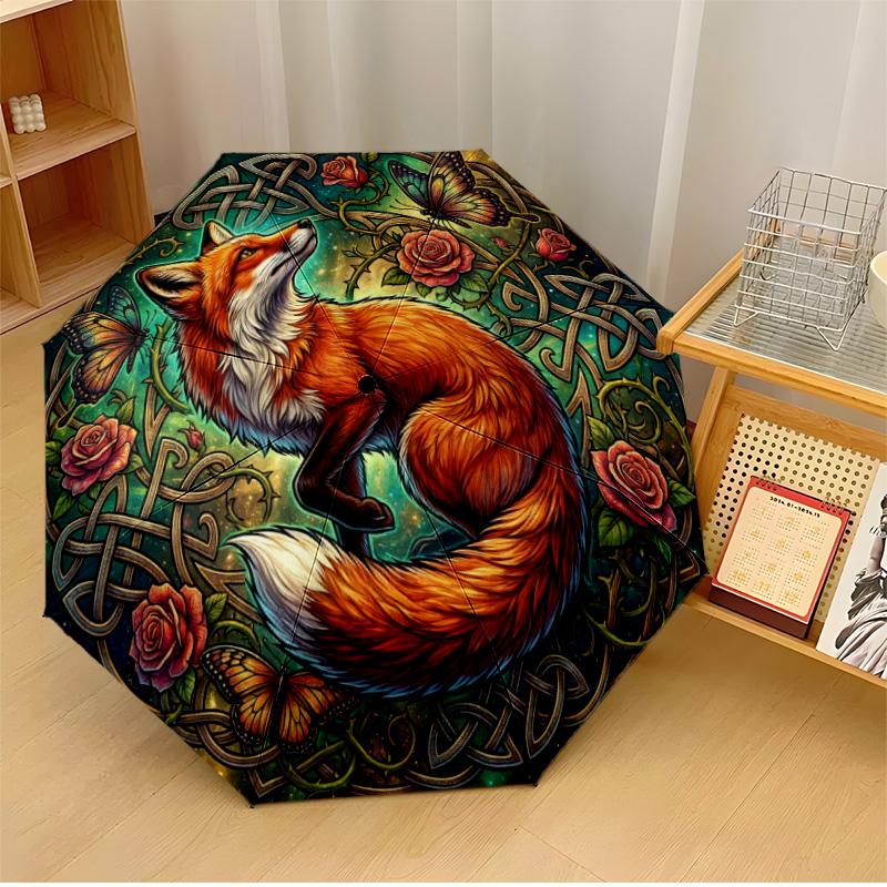 

Fox and Flower Umbrella Theme Automatic Umbrella Compact 8-Rib Design Sturdy Construction Durable Umbrella Stylish Accessory