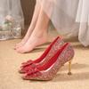Large size Chinese wedding shoes bridal shoes new crystal sequined wedding show he thin heel pointed single shoes