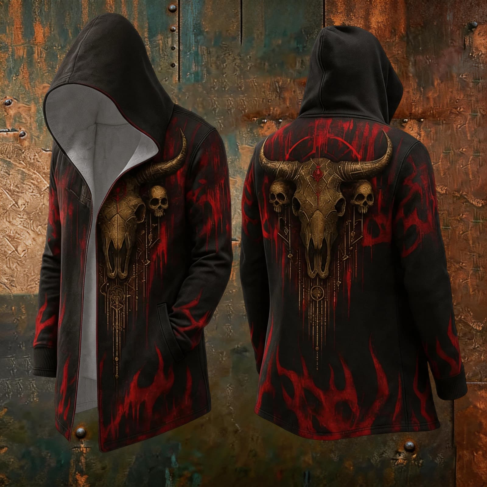 Men s Halloween Printed Loose Fit Hoodie Cardigan Jacket for Fall Costume Party L красный