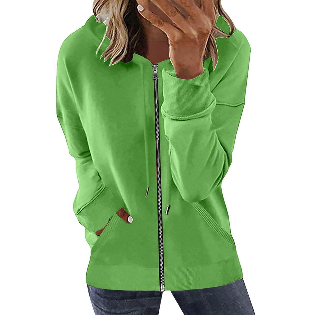 Women's Loose Fit Solid Color Zip Up Hooded Long Sleeve Sweatshirt Casual Pocket Hoodie Top