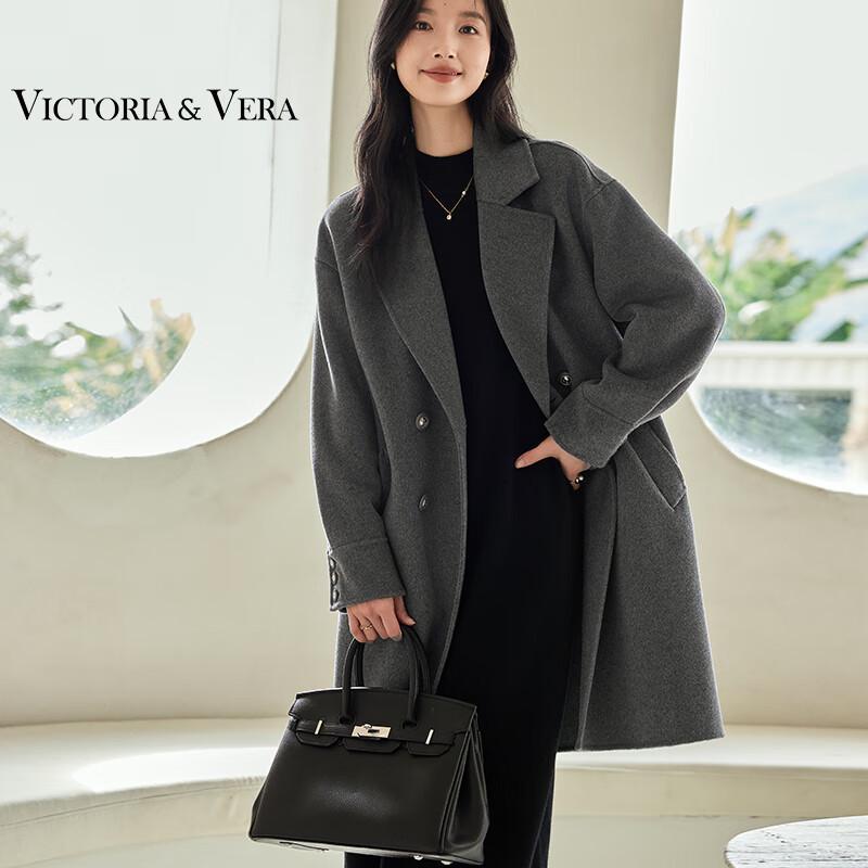 

VICTORIA&VERA Women s Elegant Grey Mid-Length Wool Coat XL
