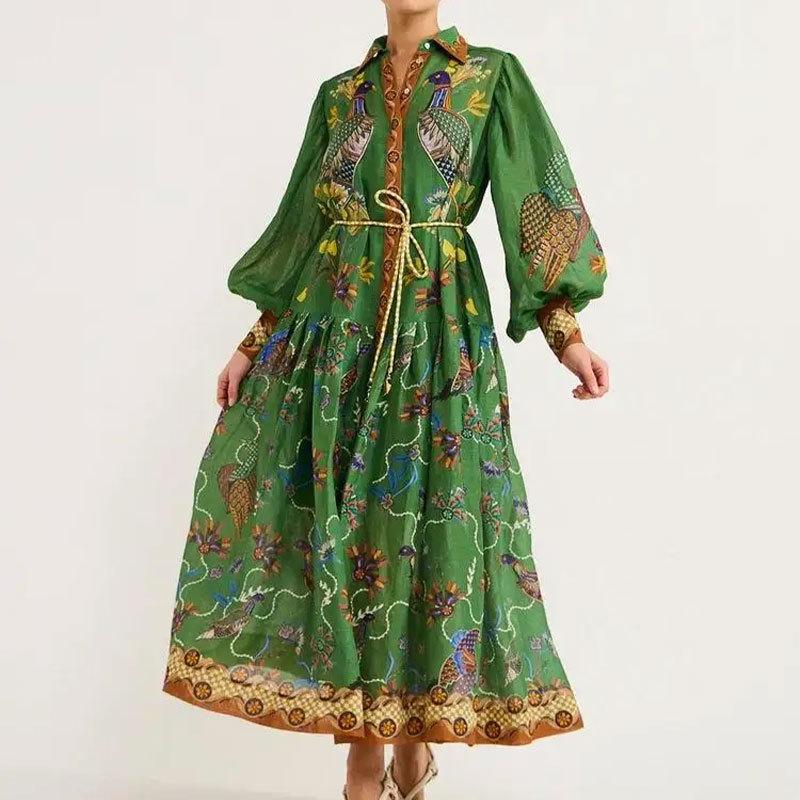 Retro Lantern Sleeve Lace-Up Printed Dress: European & American Women's Fashion