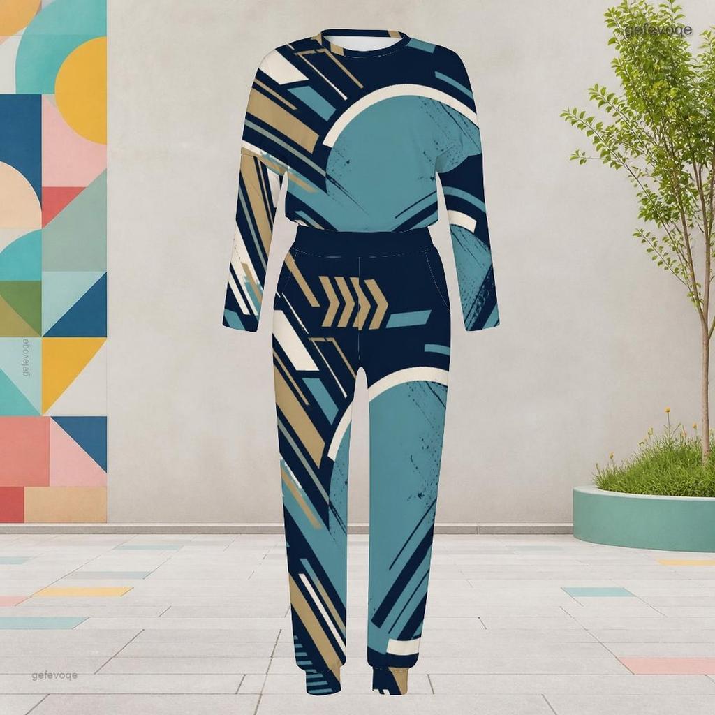 Women Plus Size Two Piece Set Round Neck Long Sleeve Geometric Printed Cuffed Top Cuffed Pants With Pockets