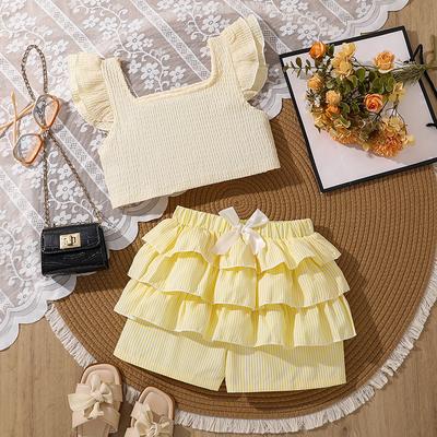 Girls' Fashion Set 2025 Summer Children's Cute Bow Lace Culottes Square Collar Flying Sleeve Top Set