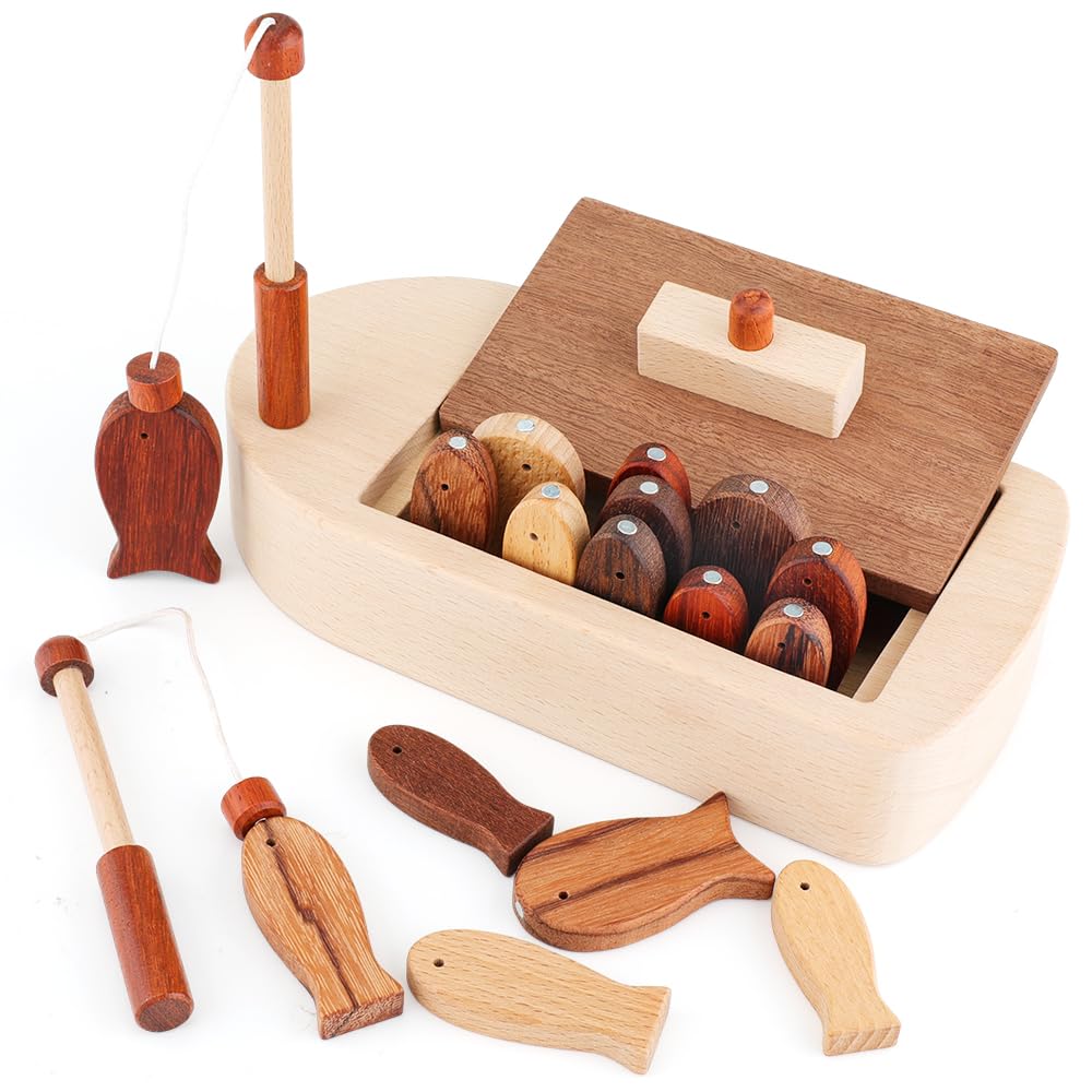 FlyCreat Wooden Fishing Toy Fishing Game Wooden Solid Wood Building Educational Magnetic Fishing Wooden Fishing Birthday Gift for Boys and Toy Storage