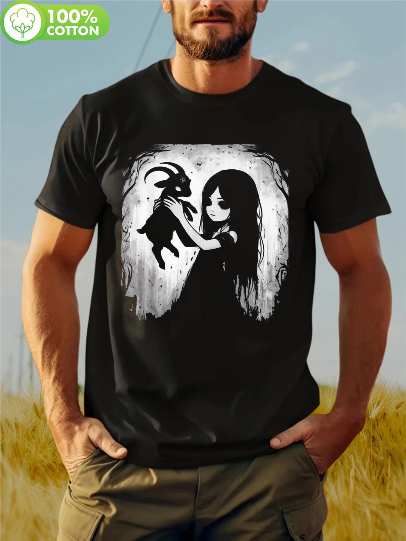 1pc Black Goat Aesthetic Graphic T-shirt - 100% Cotton Casual Short Sleeve Round Neck Tee with Artistic Print S