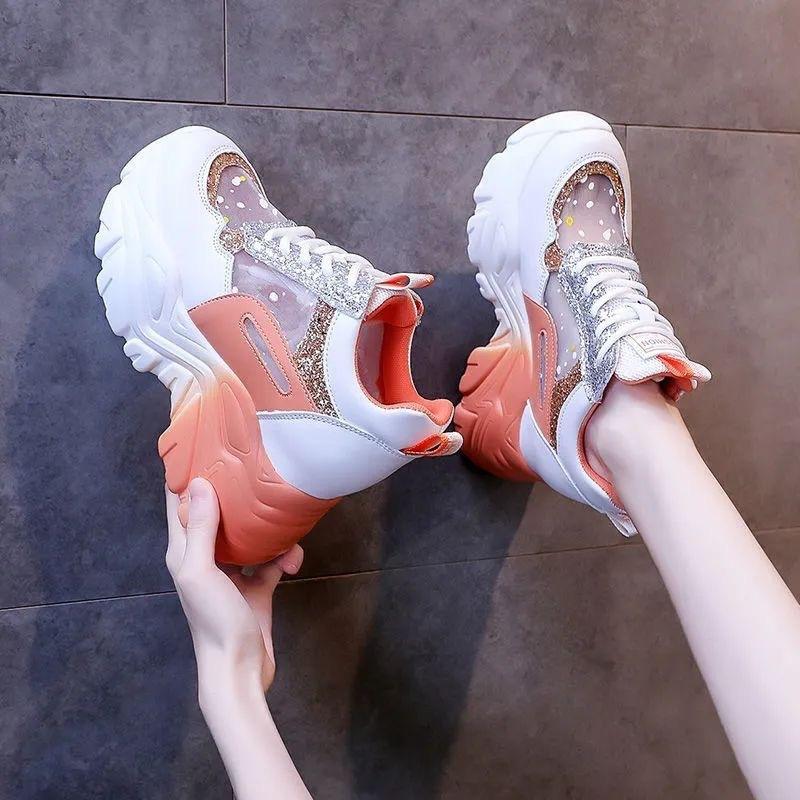 Fashion Shoes for Women Platform Shoes Autumn Women Casual Breathable Mesh Sequin Sneakers Wedges Sports Lace-up Non-slip Shoes